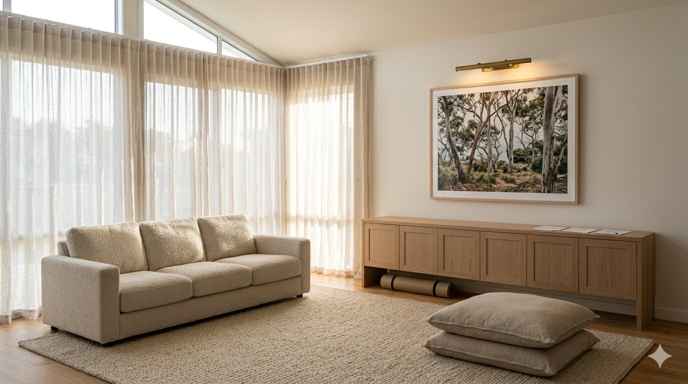 Coastal Eucalypt living room render — oat-linen sofa, white-oak credenza, eucalypt landscape print, sheer linen drapery