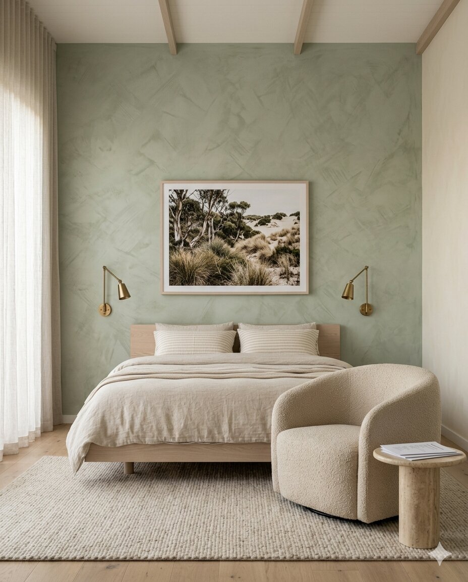Master bedroom with limewash sage headboard wall, brass sconces, oat washed-linen, bouclé bench, travertine pedestal