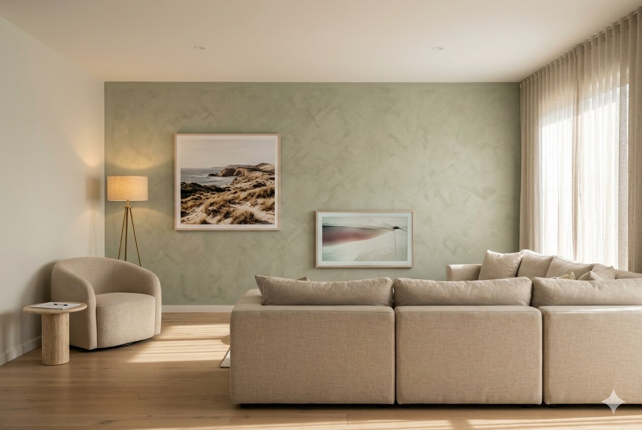 Theatre transformed — sage limewash feature wall, oat-linen modular sofa, single coastal landscape, Samsung Frame TV, bouclé chair and travertine pedestal in the corner