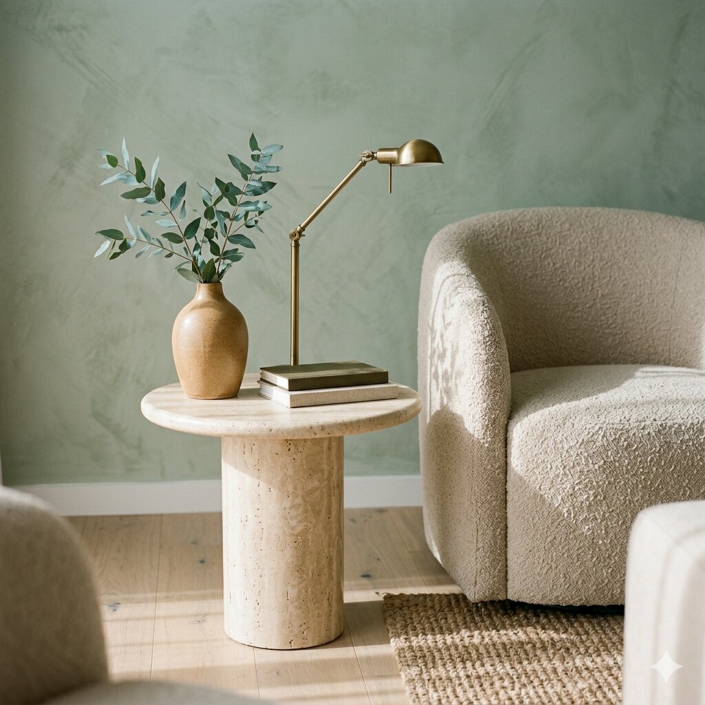 The bouclé chair, travertine pedestal, eucalypt branches and brass lamp — Amelia's anchor pieces in one frame