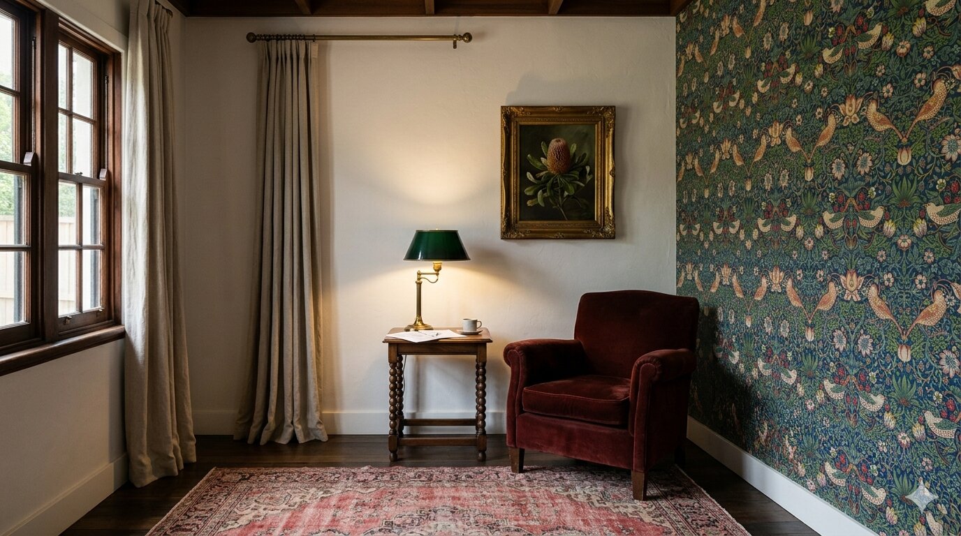 Modern Heritage reading nook render — Morris Strawberry Thief wallpaper, oxblood velvet club chair, walnut bobbin-leg side table, brass library lamp