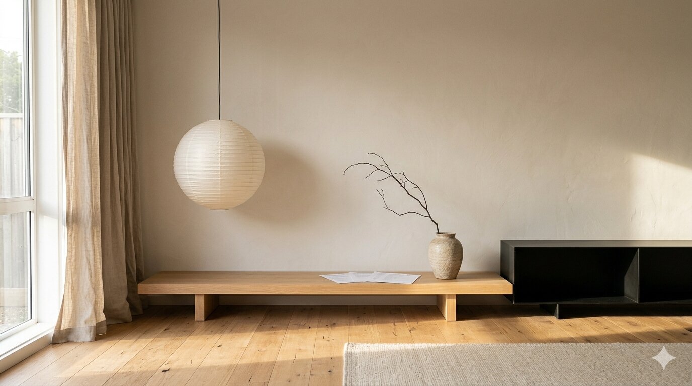 Quiet Japandi living room render — low oak platform bench, single Akari paper lantern, blackened-steel media console, hand-thrown ceramic vase